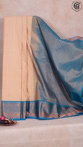 Cream and Sky Blue Bridal Pure Kanchipuram Saree